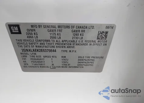 2014 Chevrolet Equinox Ls z USA, uszkodzony, nr VIN 2GNALAEK2E6379844